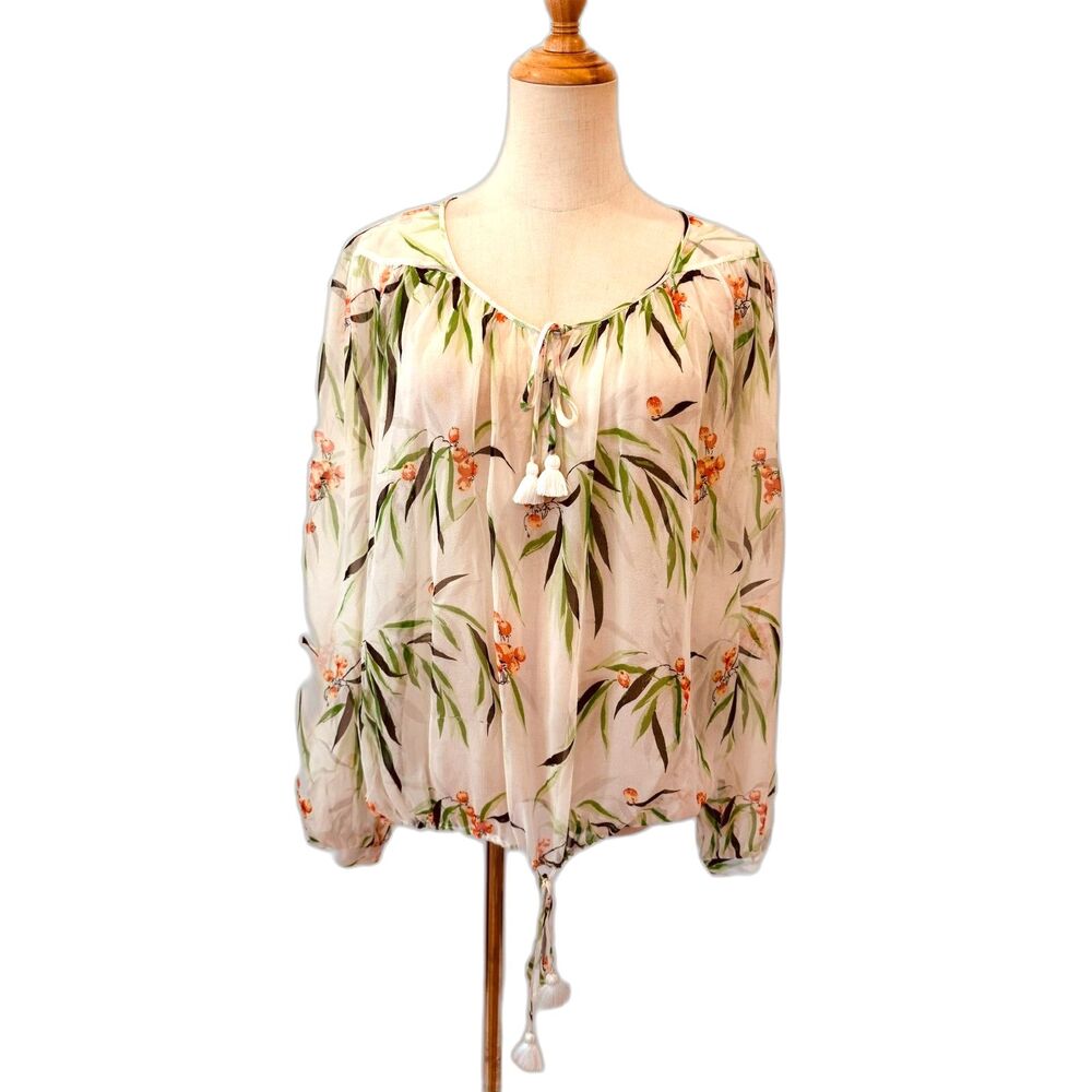 Elizabeth and James Silk Blouse M Floral Peasant Tassel Tie Boho 100% Silk